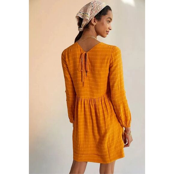 $160 ANTHROPOLOGIE‎ Maeve Pintucked Collar v-neck Mini Dress size S gold - Picture 3 of 12